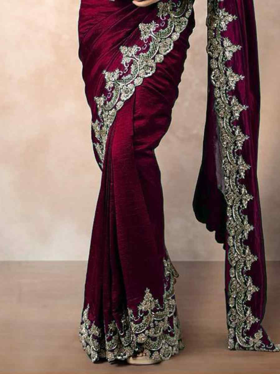 Maroon Chinon Silk Embroidered Festival Wedding Fancy Heavy Border Saree