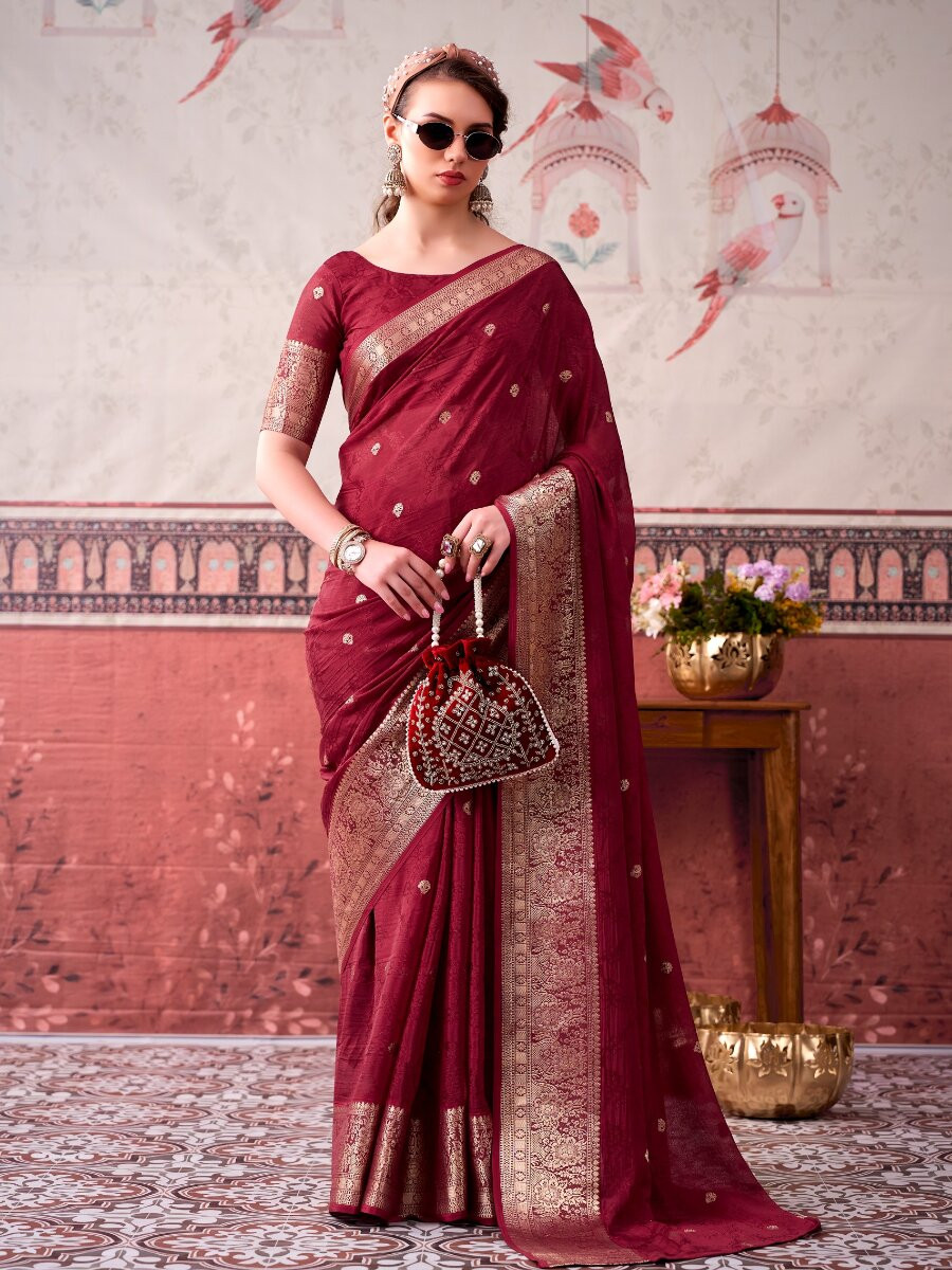 Maroon Chinon Weaving Zari Printed Wedding Reception Party Festival Casual Heavy Border Sarees