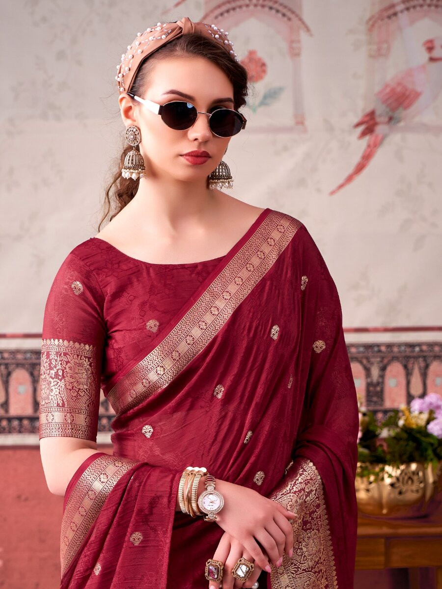Maroon Chinon Weaving Zari Printed Wedding Reception Party Festival Casual Heavy Border Sarees