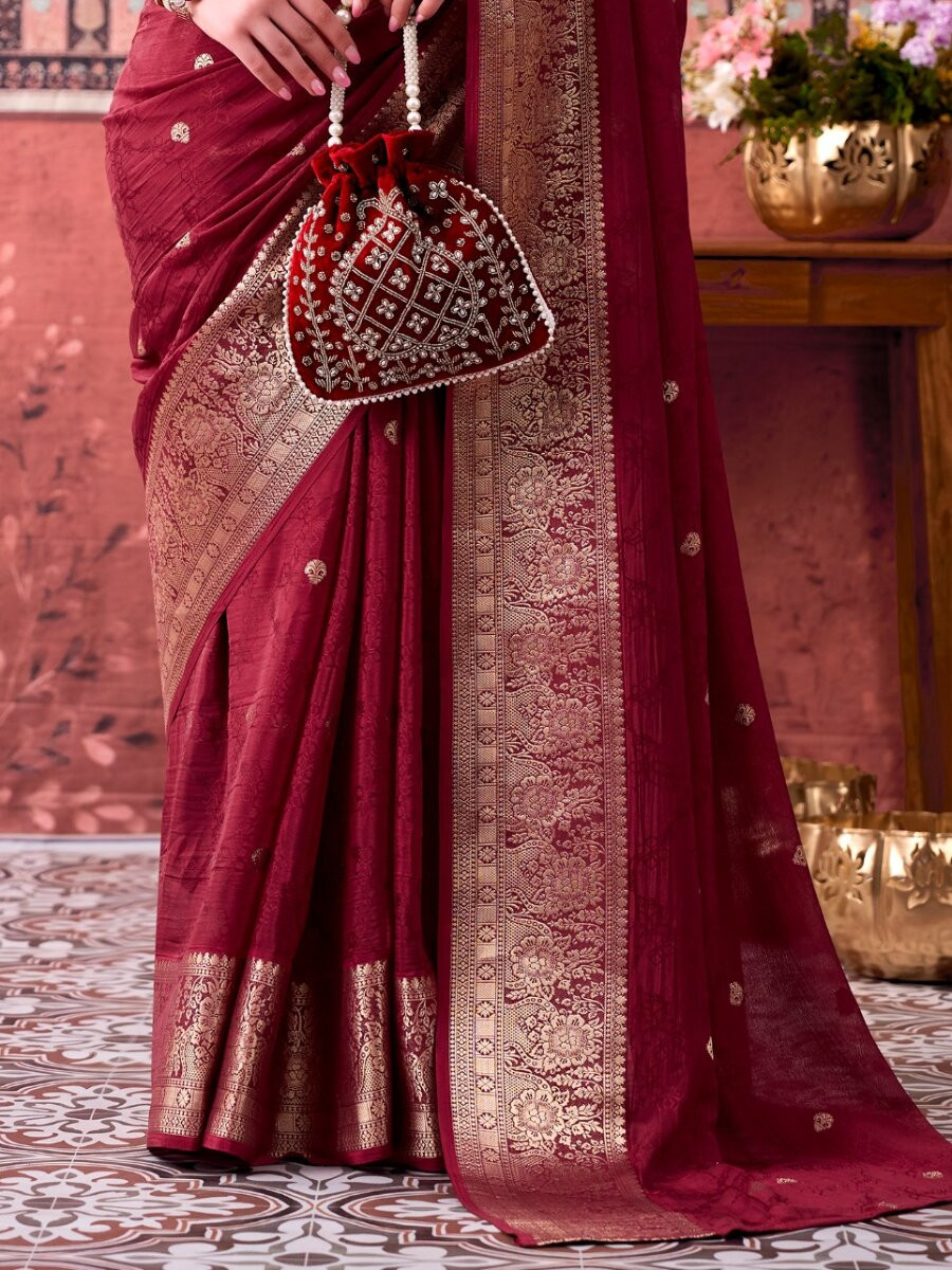 Maroon Chinon Weaving Zari Printed Wedding Reception Party Festival Casual Heavy Border Sarees
