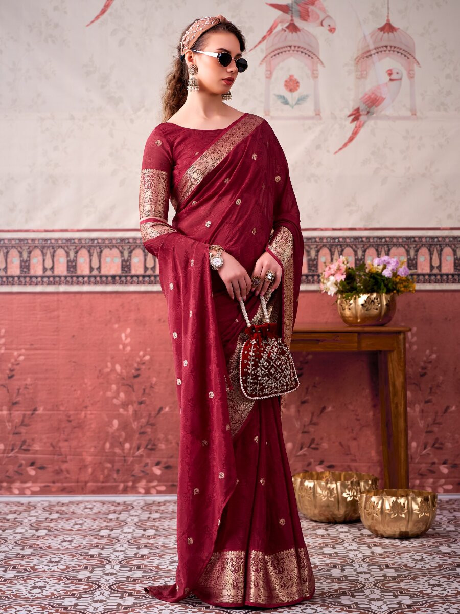 Maroon Chinon Weaving Zari Printed Wedding Reception Party Festival Casual Heavy Border Sarees