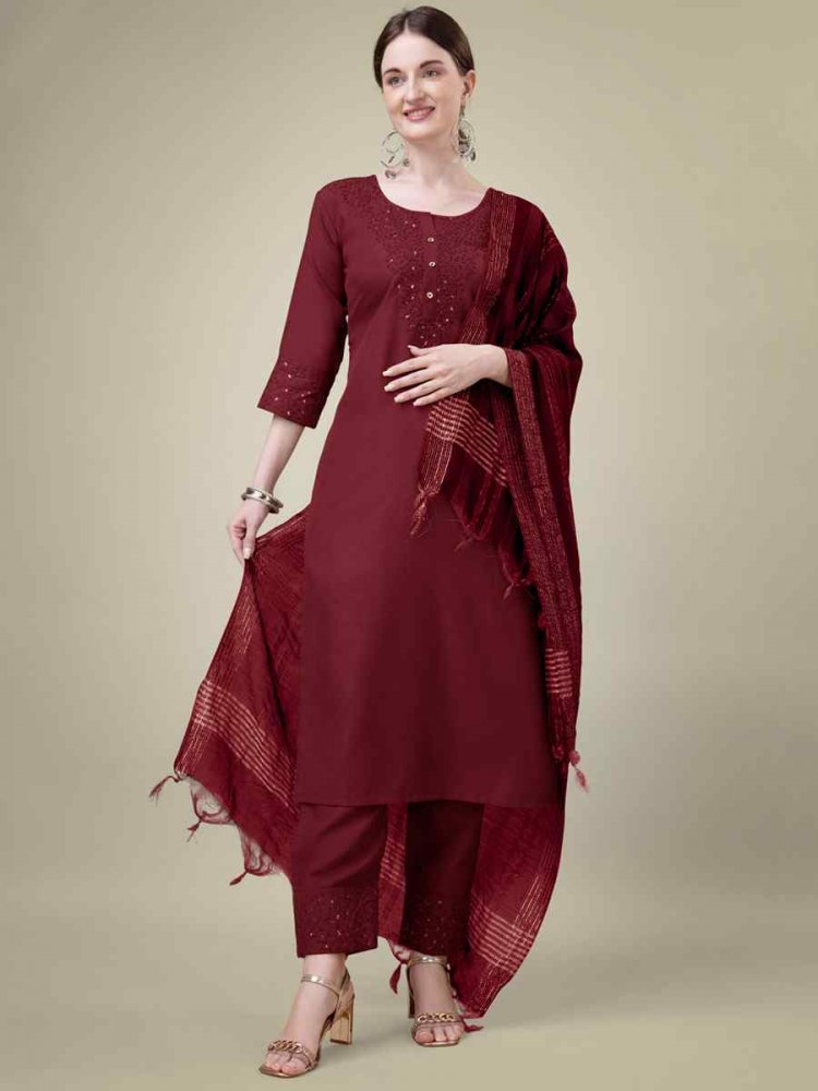 Maroon Cotton Blend Embroidered Festival Casual Ready Pant Salwar Kameez