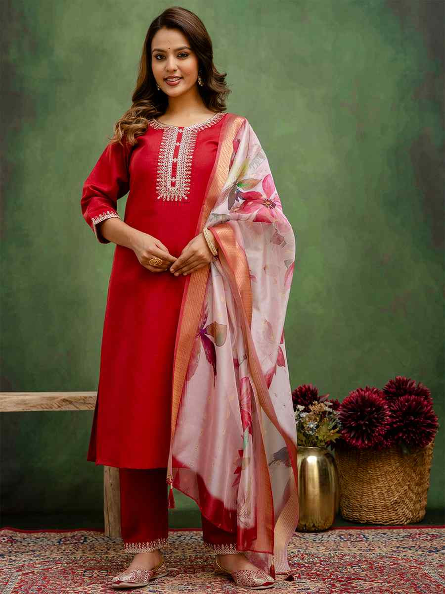 Maroon Cotton Blend Embroidery Party Wedding Festival Casual Ready Pant Salwar Kameez
