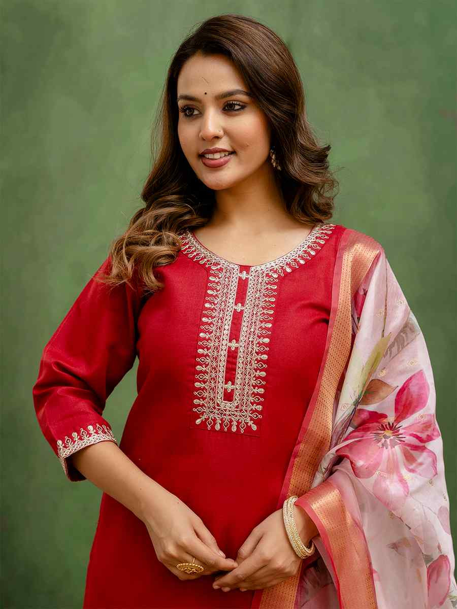 Maroon Cotton Blend Embroidery Party Wedding Festival Casual Ready Pant Salwar Kameez