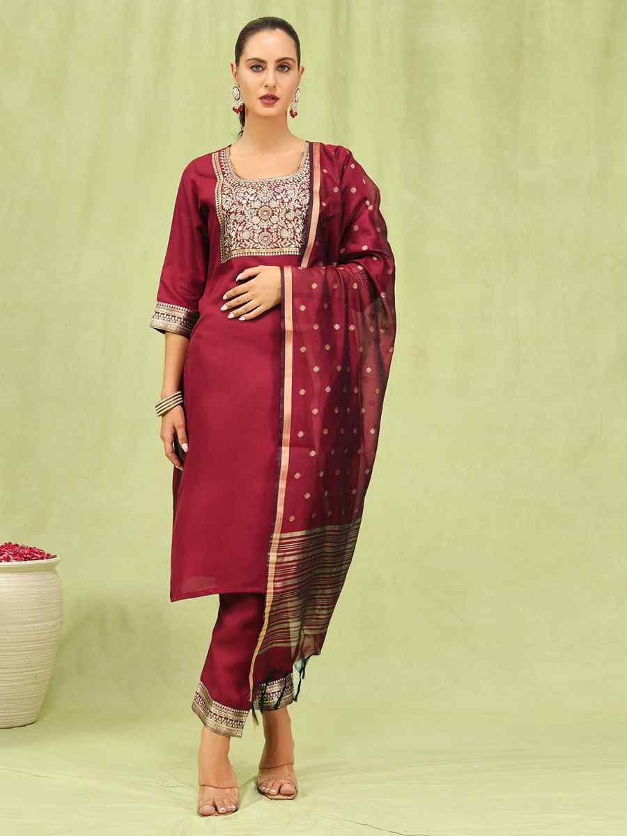 Maroon Cotton Blend Embroidery Party Wedding Festival Casual Ready Pant Salwar Kameez