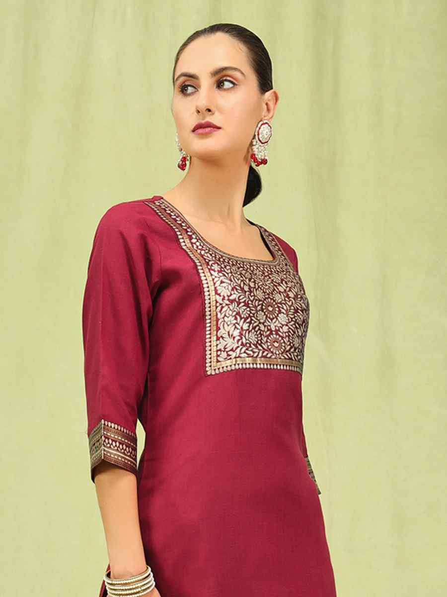 Maroon Cotton Blend Embroidery Party Wedding Festival Casual Ready Pant Salwar Kameez