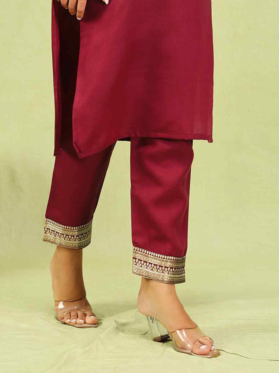 Maroon Cotton Blend Embroidery Party Wedding Festival Casual Ready Pant Salwar Kameez