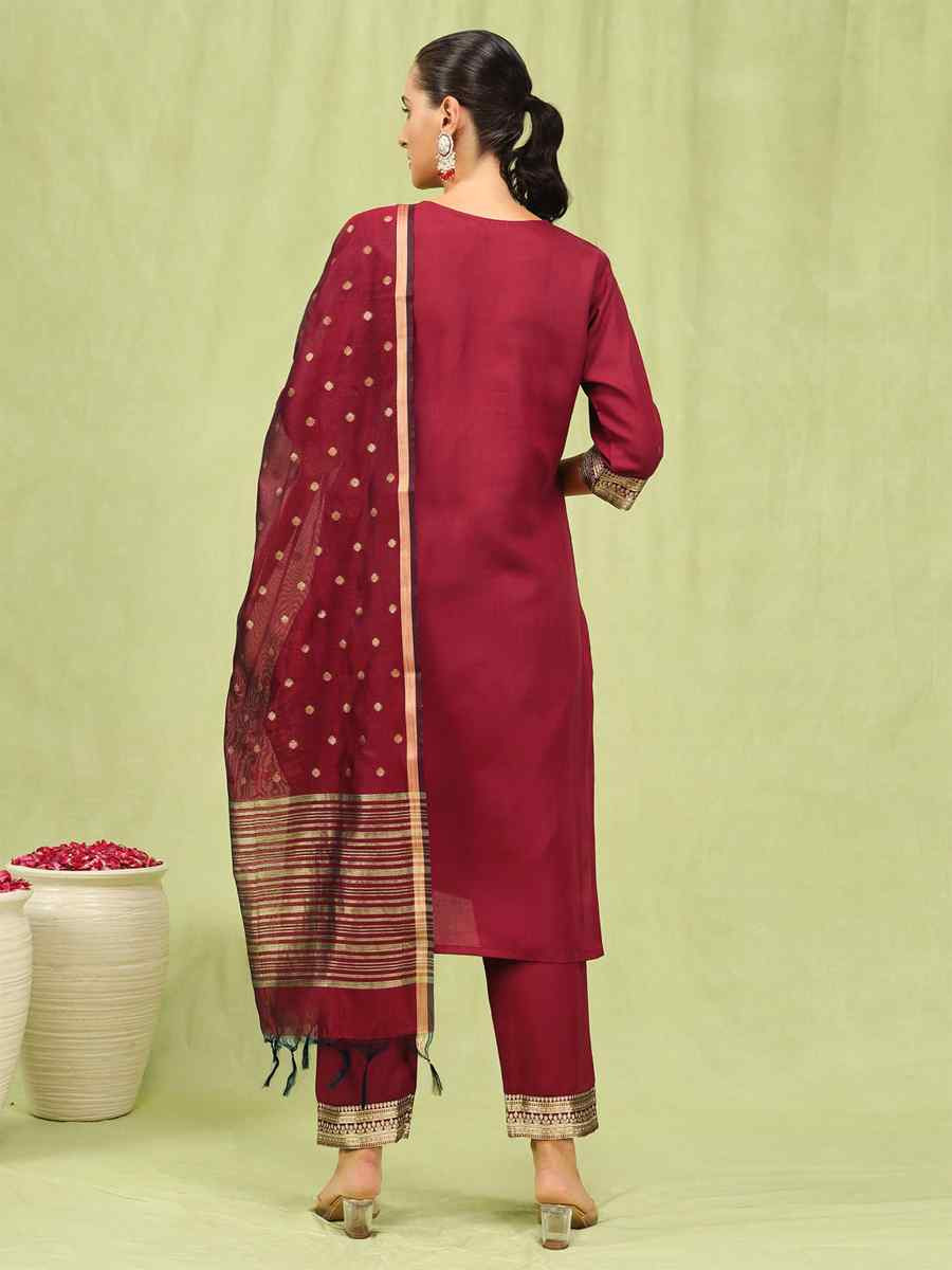 Maroon Cotton Blend Embroidery Party Wedding Festival Casual Ready Pant Salwar Kameez