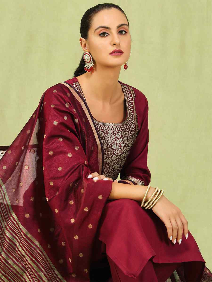 Maroon Cotton Blend Embroidery Party Wedding Festival Casual Ready Pant Salwar Kameez