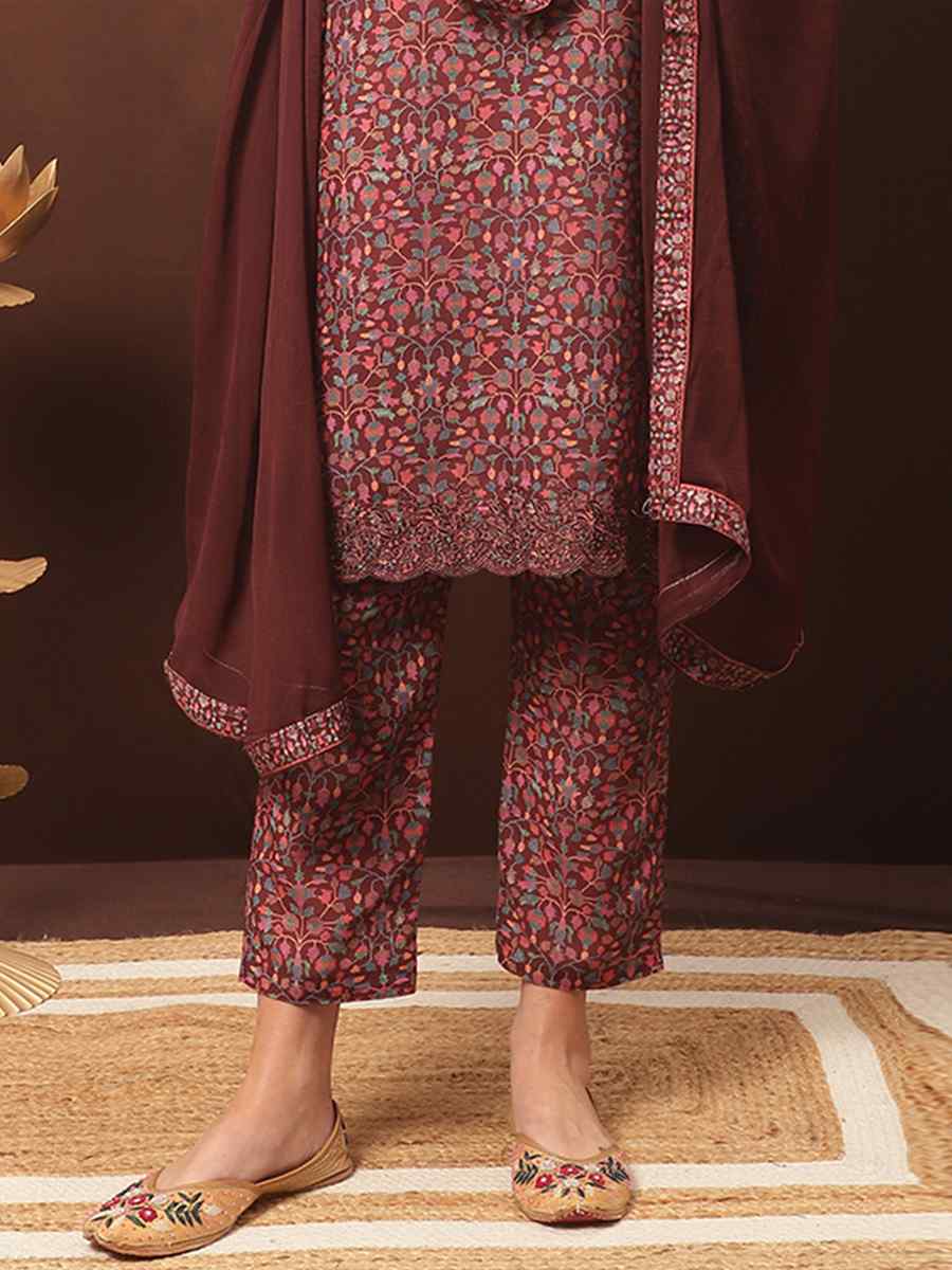 Maroon Cotton Blend Printed Casual Festival Pant Salwar Kameez