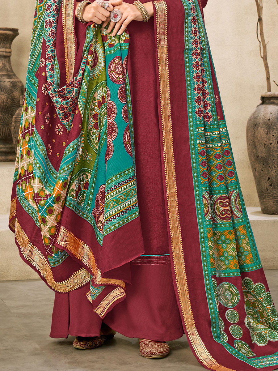 Maroon Cotton Embroidered Festival Palazzo Pant Kameez