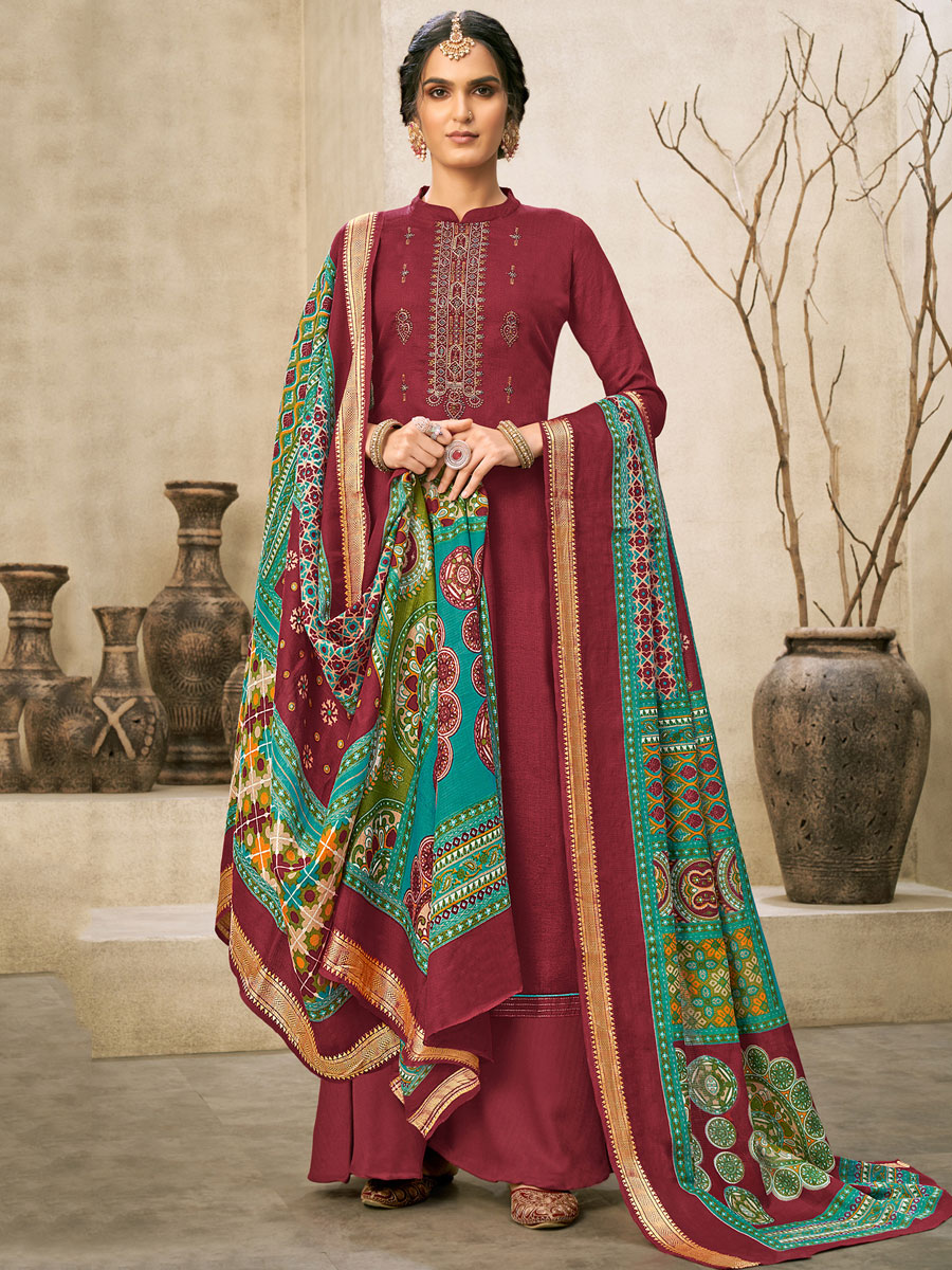 Maroon Cotton Embroidered Festival Palazzo Pant Kameez