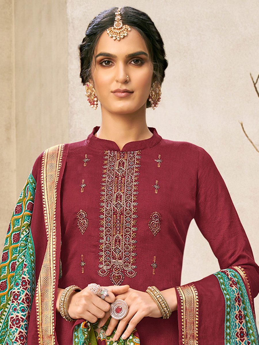 Maroon Cotton Embroidered Festival Palazzo Pant Kameez