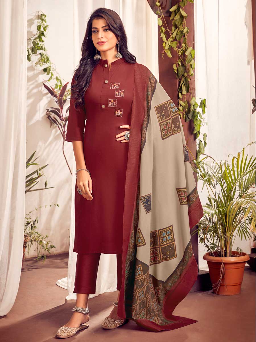 Maroon Cotton Embroidered Festival Pant Kameez