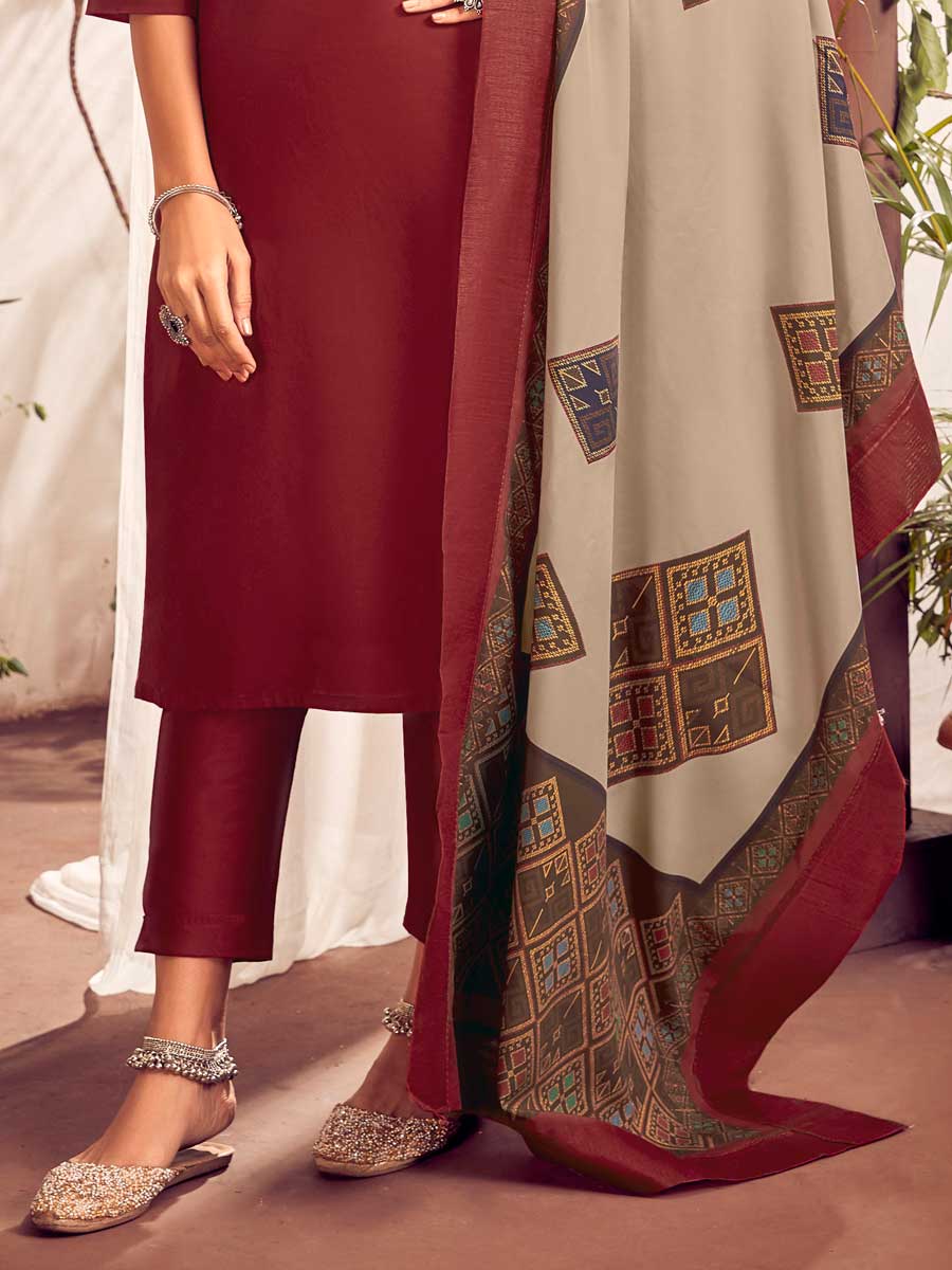 Maroon Cotton Embroidered Festival Pant Kameez