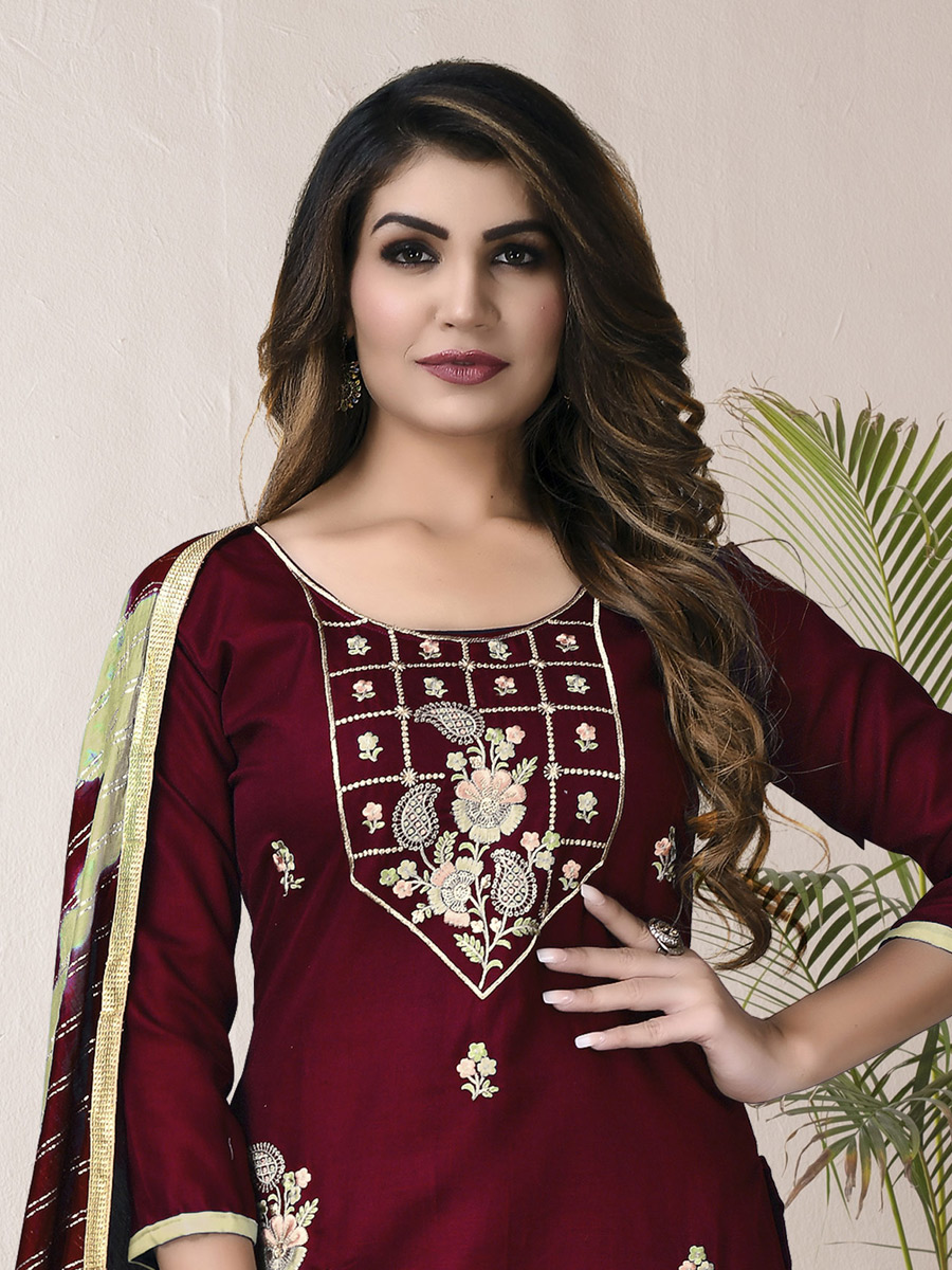 Maroon Cotton Embroidered Party Palazzo Pant Kameez