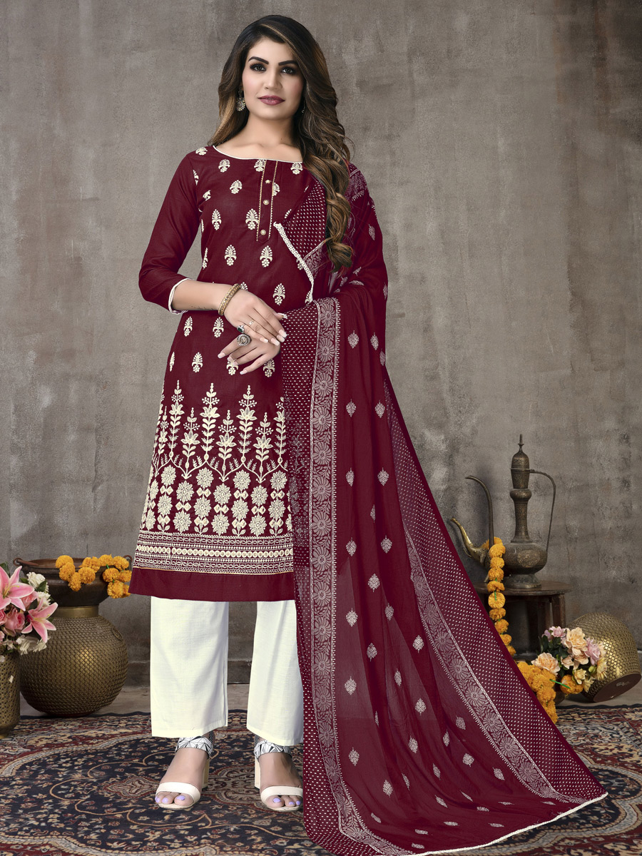 Maroon Cotton Embroidered Party Pant Kameez