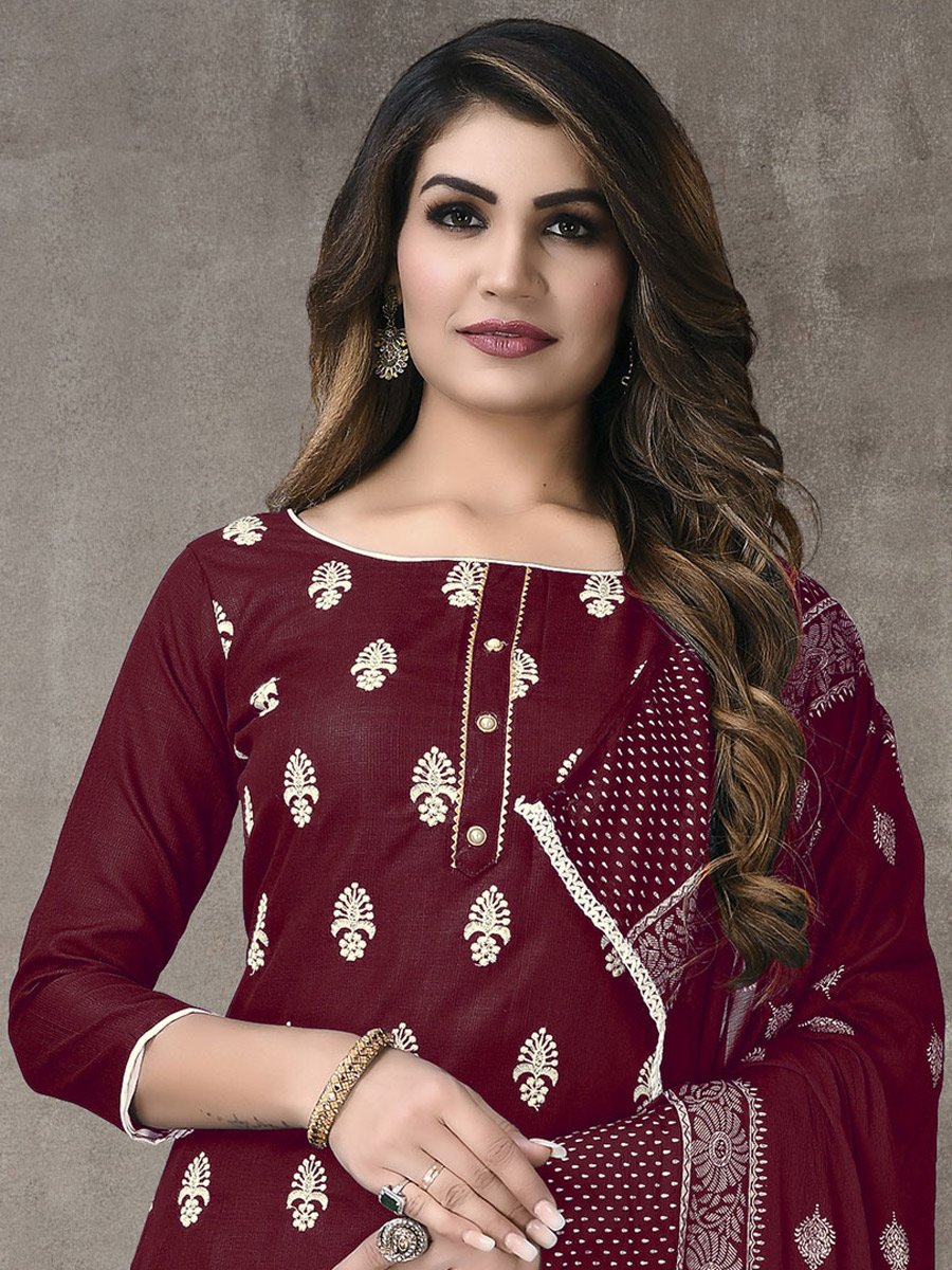 Maroon Cotton Embroidered Party Pant Kameez