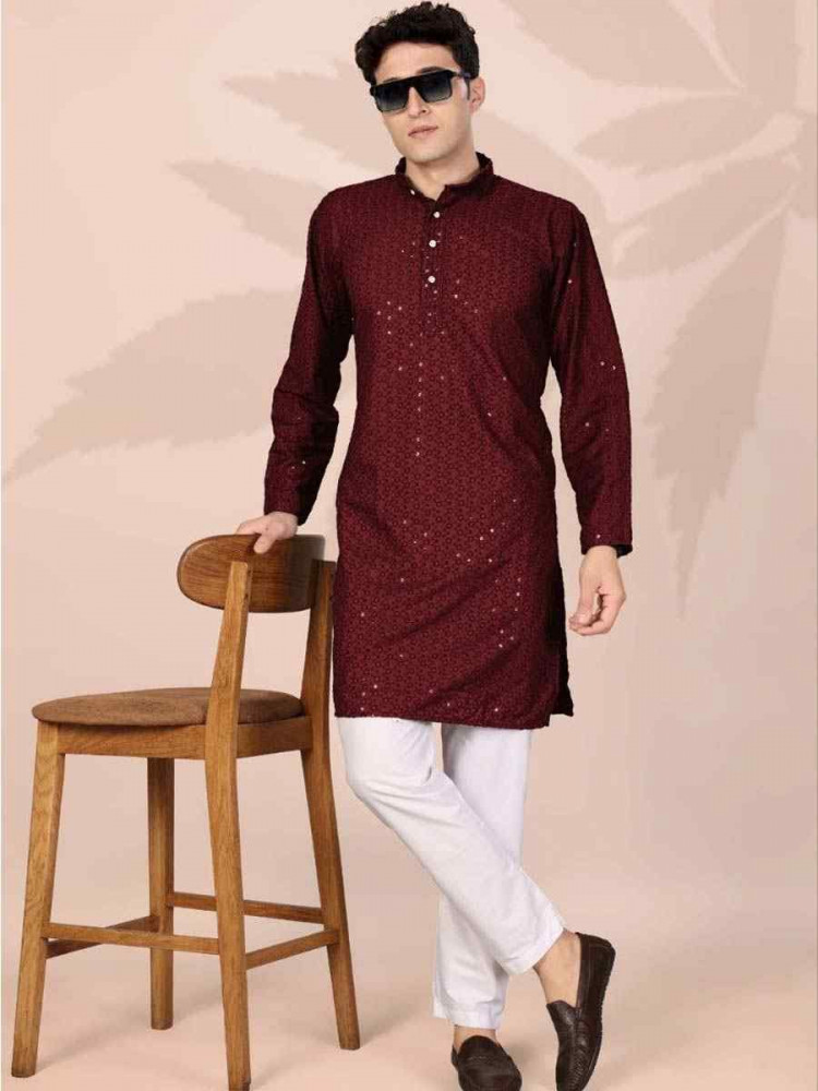 Image of Maroon Cotton Embroidery Festival Wedding Party Mens Kurta