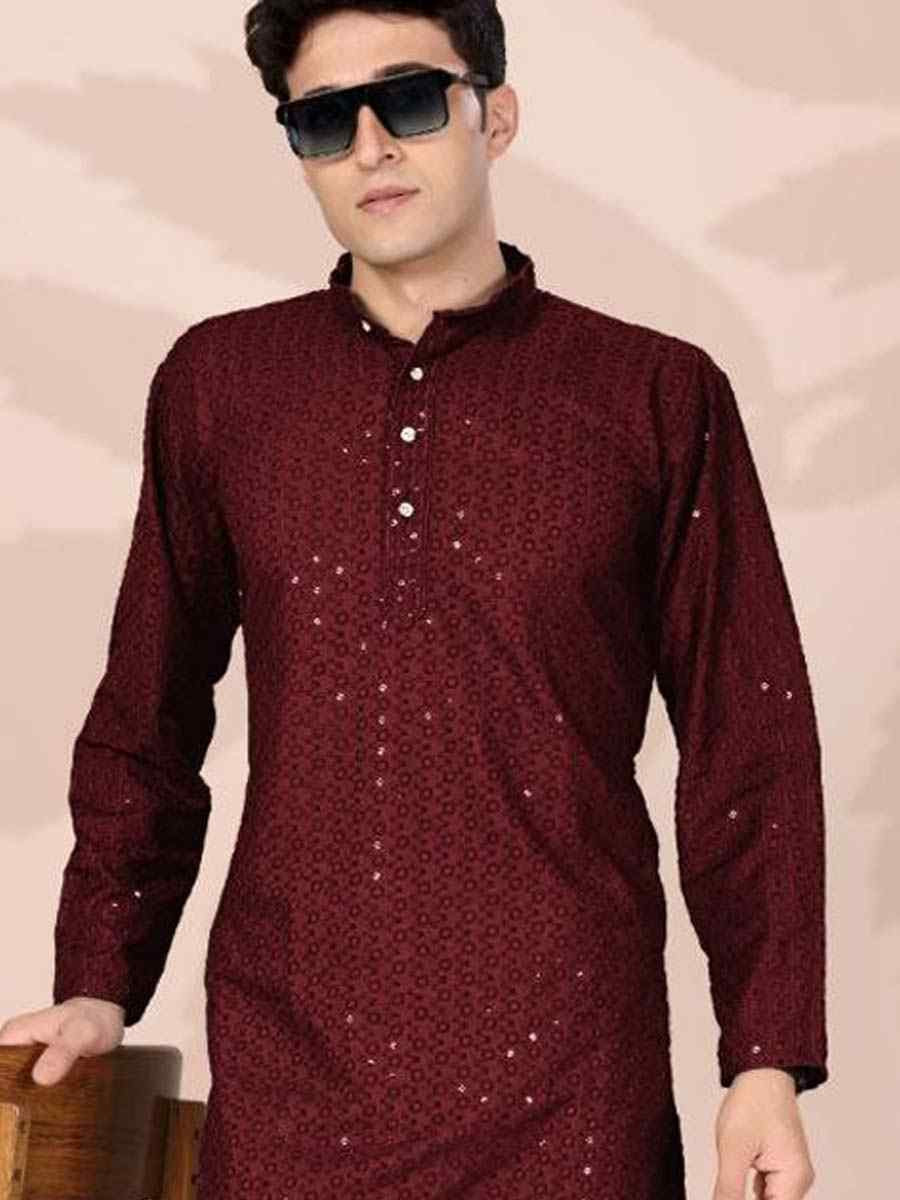 Maroon Cotton Embroidery Festival Wedding Party Mens Kurta