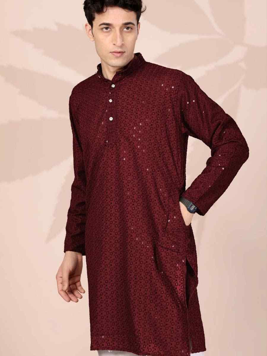 Maroon Cotton Embroidery Festival Wedding Party Mens Kurta