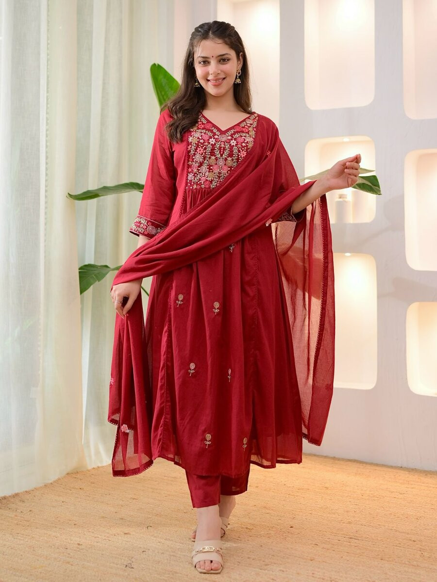 Maroon Cotton Embroidery Wedding Party Festival Casual Ready Pant Salwar Kameez