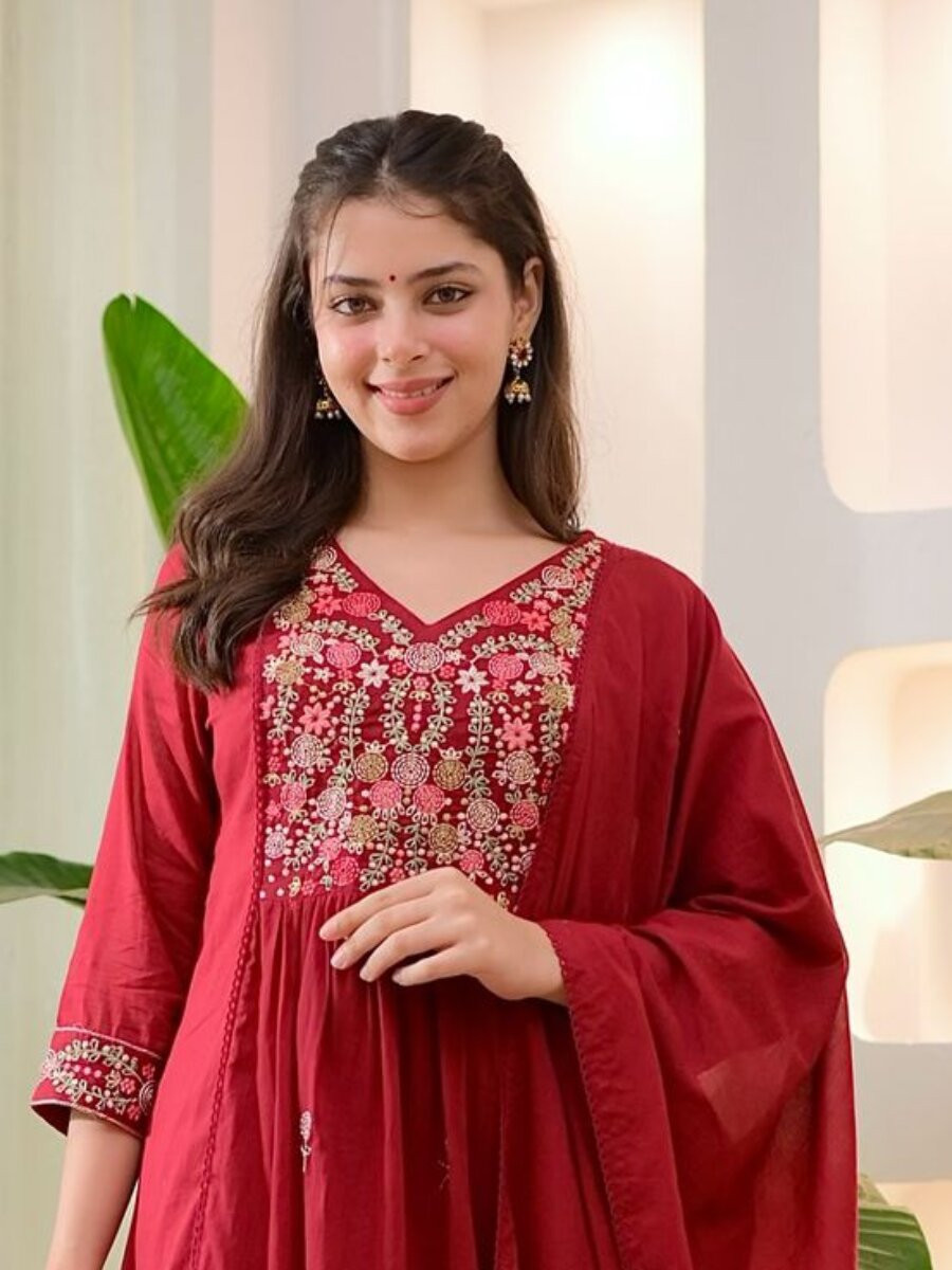 Maroon Cotton Embroidery Wedding Party Festival Casual Ready Pant Salwar Kameez