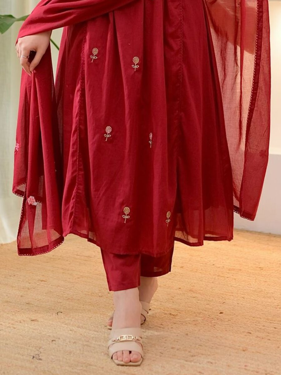 Maroon Cotton Embroidery Wedding Party Festival Casual Ready Pant Salwar Kameez