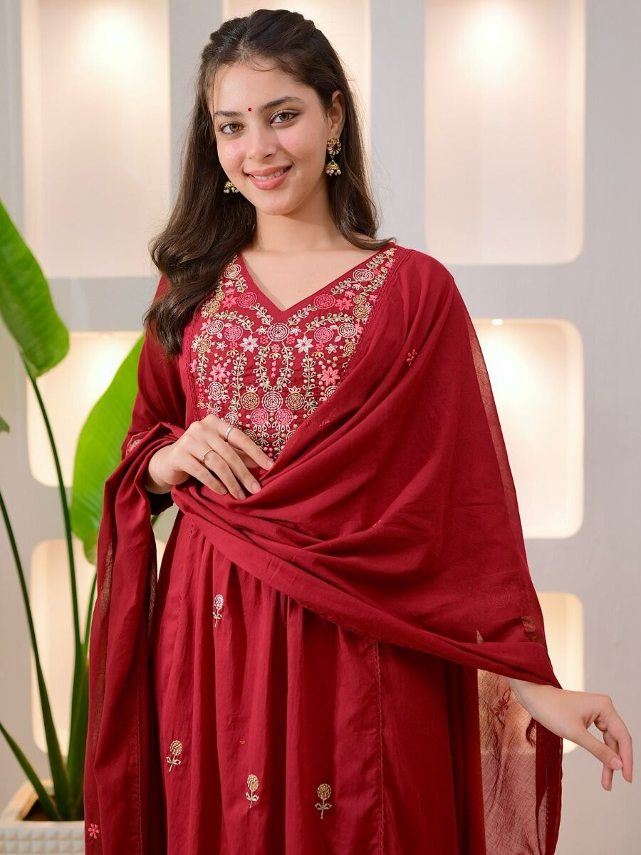 Maroon Cotton Embroidery Wedding Party Festival Casual Ready Pant Salwar Kameez