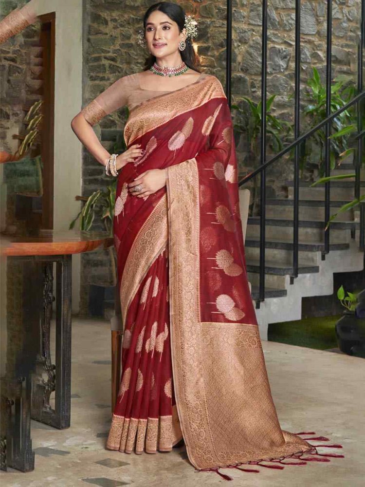 Maroon Cotton Handwoven Casual Festival Heavy Border Saree