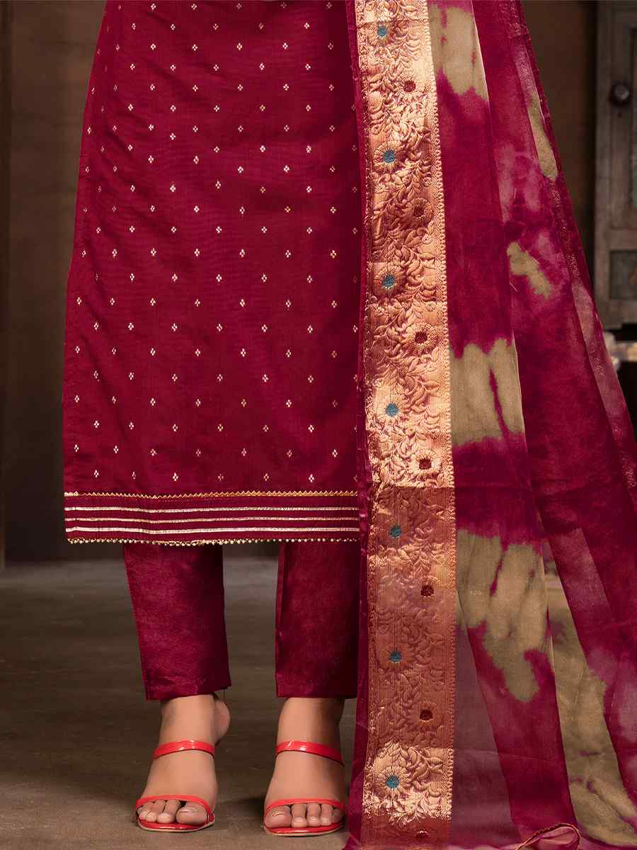 Maroon Cotton Jacquard Embroidered Casual Festival Pant Salwar Kameez