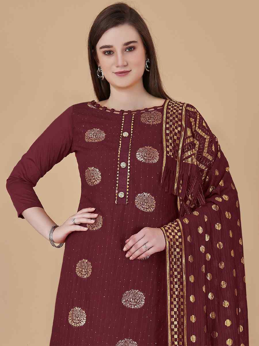 Maroon Cotton Jacquard Handwoven Casual Festival Pant Salwar Kameez