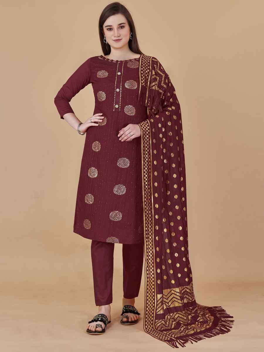 Maroon Cotton Jacquard Handwoven Casual Festival Pant Salwar Kameez