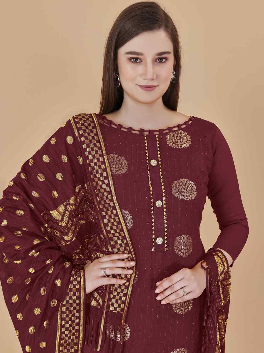 Maroon Cotton Jacquard Handwoven Casual Festival Pant Salwar Kameez