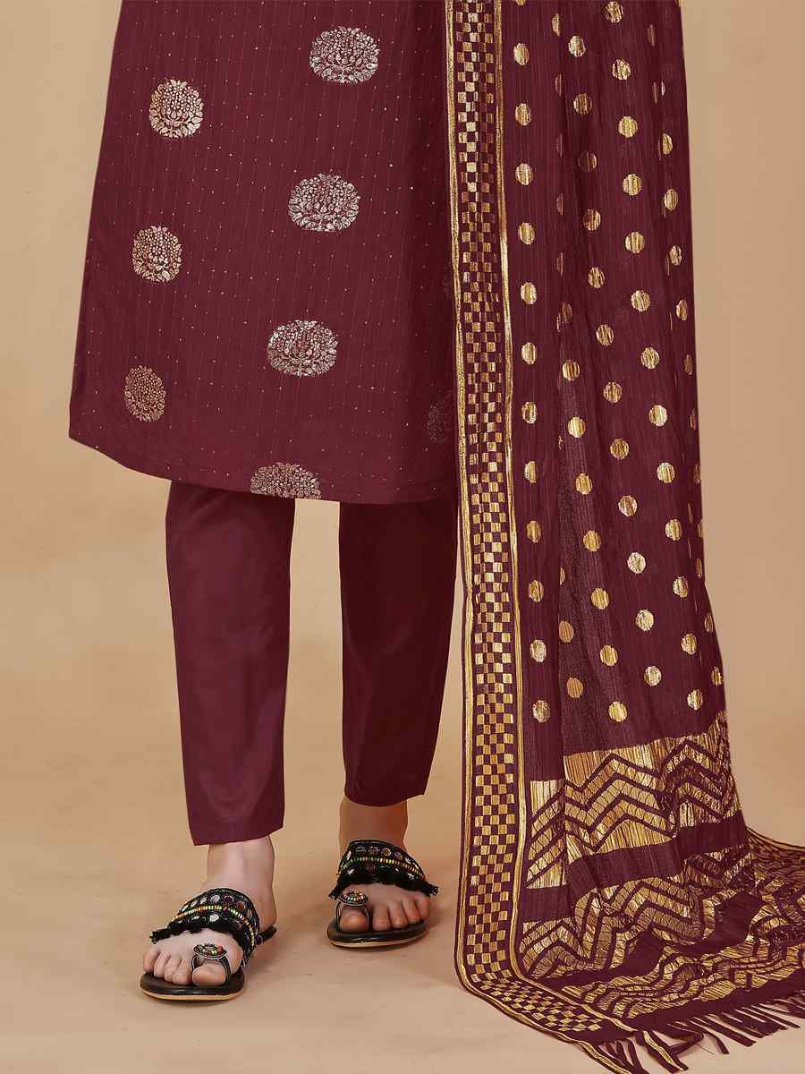 Maroon Cotton Jacquard Handwoven Casual Festival Pant Salwar Kameez