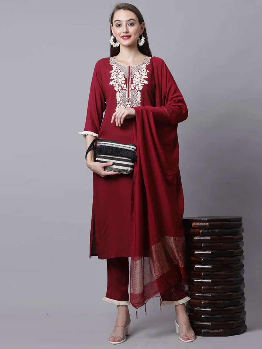 Maroon Cotton Printed Casual Festival Ready Pant Salwar Kameez