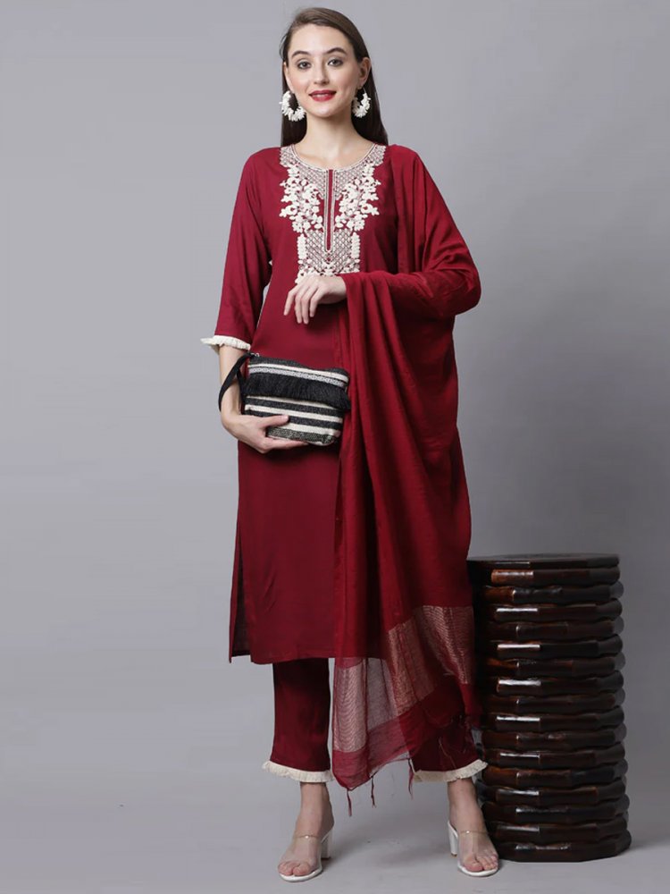 Maroon Cotton Printed Casual Festival Ready Pant Salwar Kameez