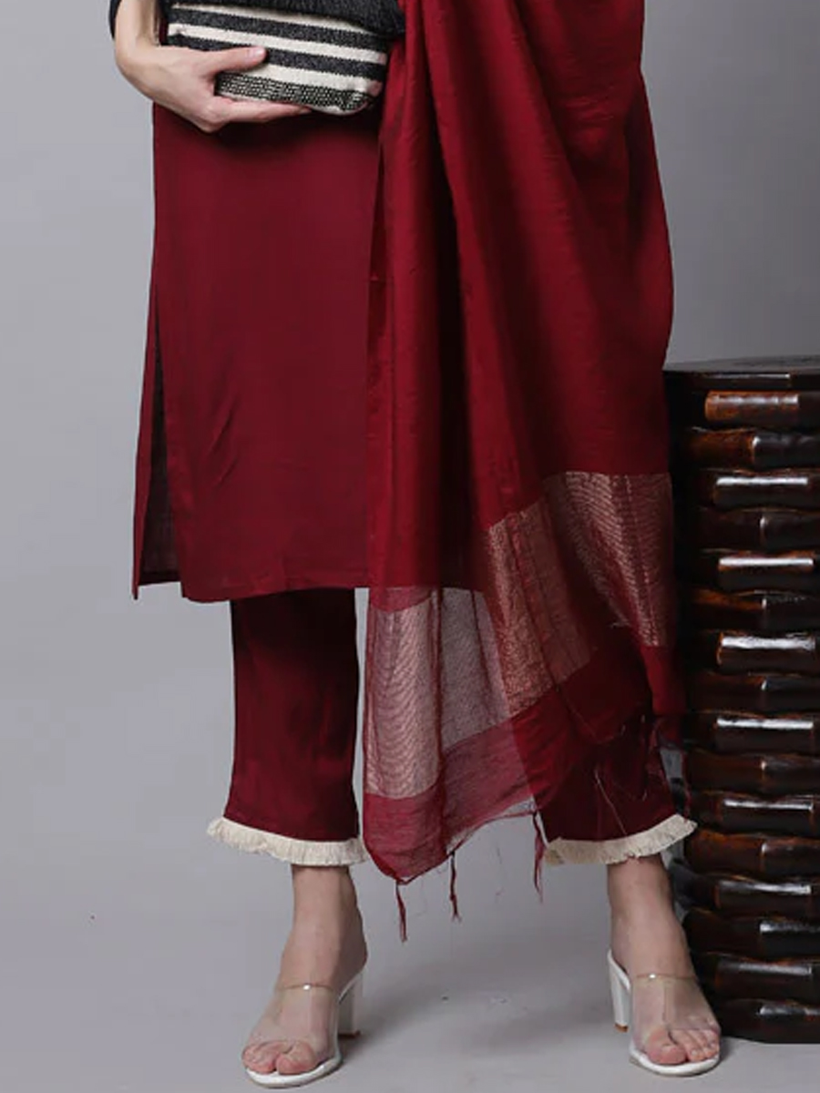 Maroon Cotton Printed Casual Festival Ready Pant Salwar Kameez