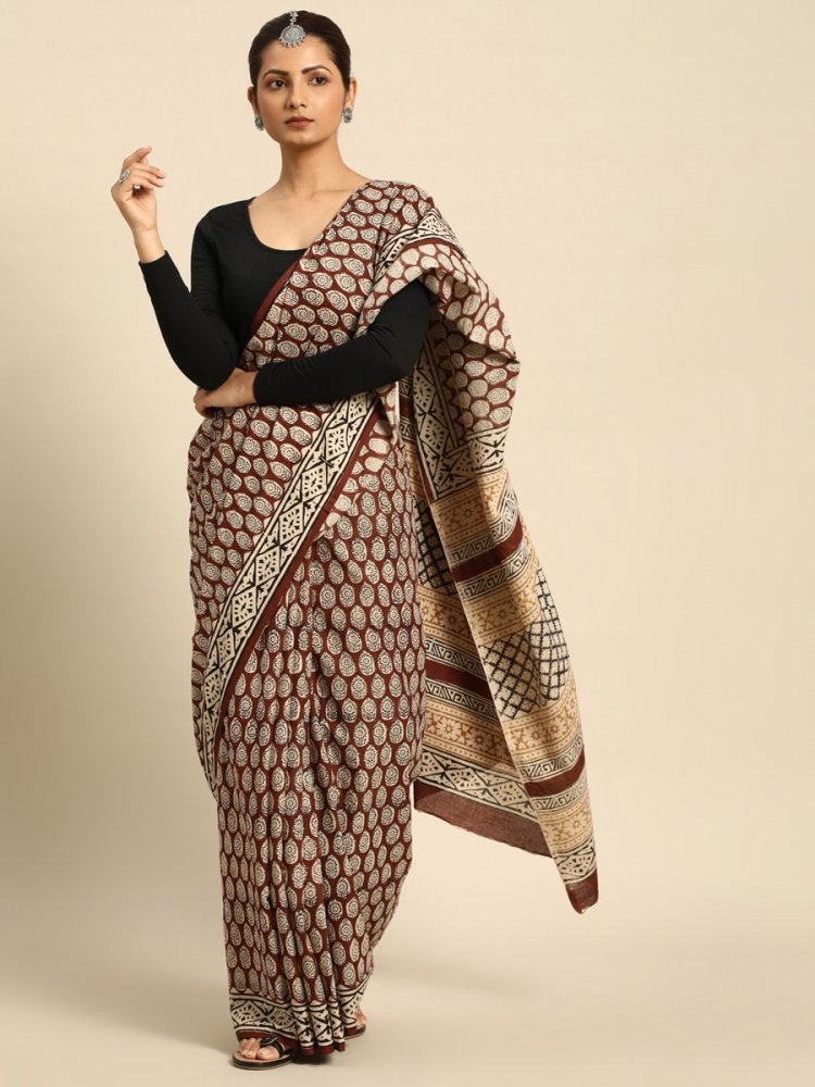 Maroon Cotton Printed Festival Casual Contemporary Sarees