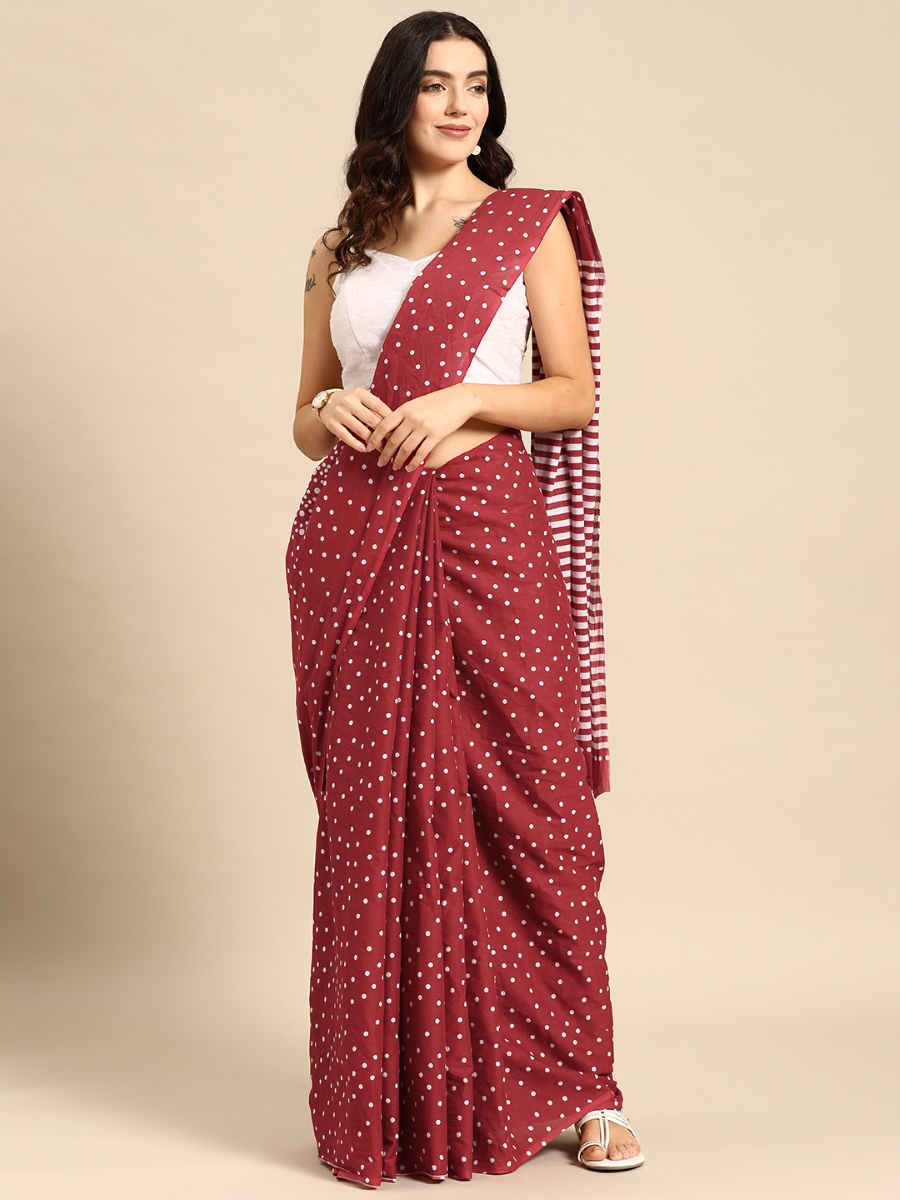 Maroon Cotton Printed Festival Casual Contemporary Sarees