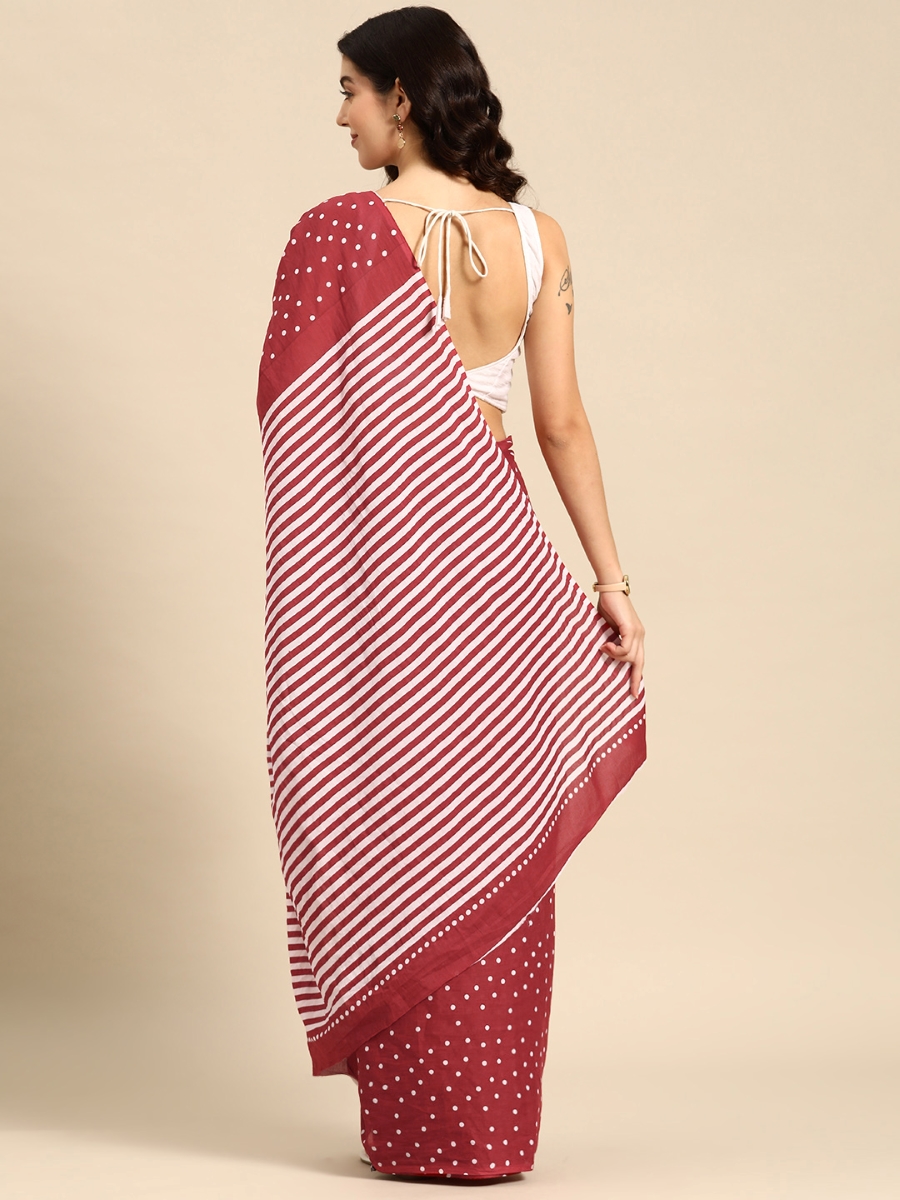 Maroon Cotton Printed Festival Casual Contemporary Sarees