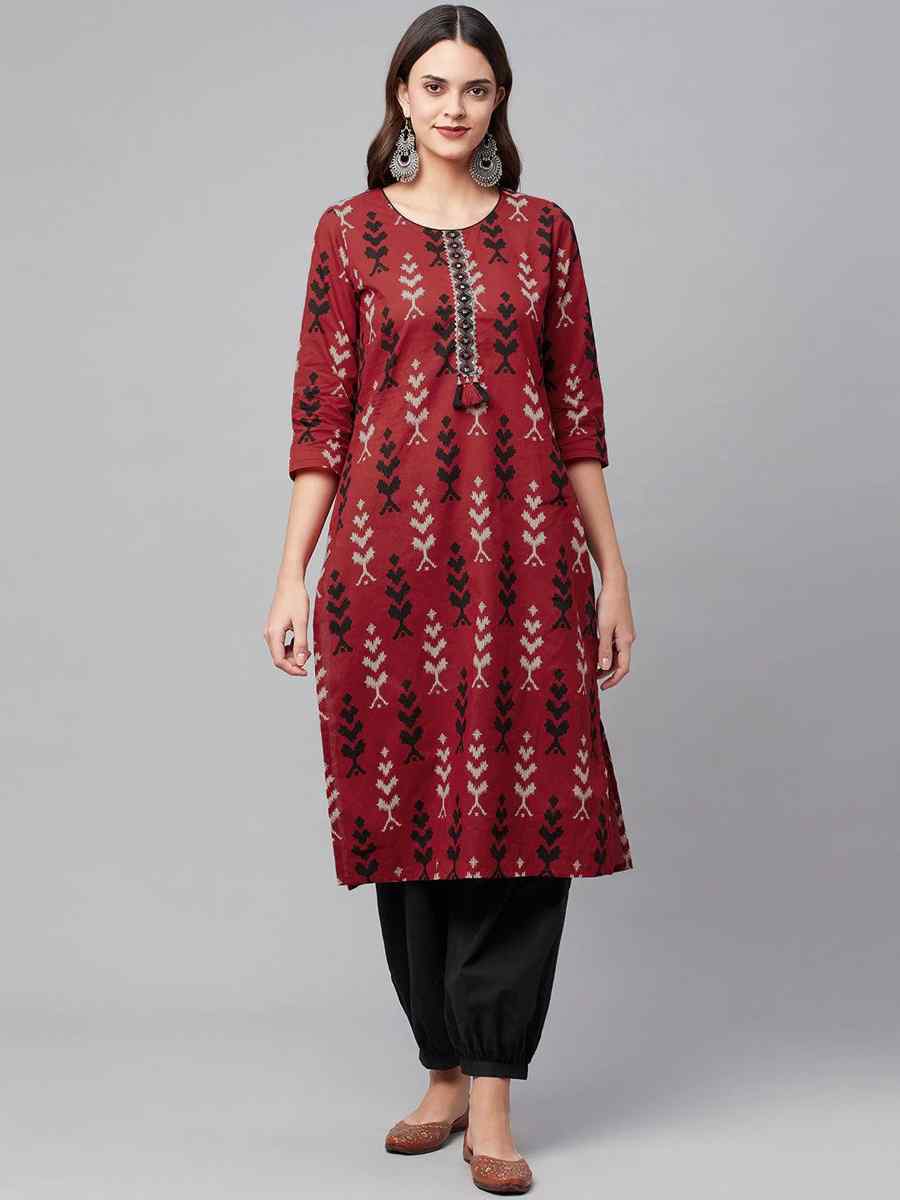 Maroon Cotton Printed Festival Casual Kurti With Bottom