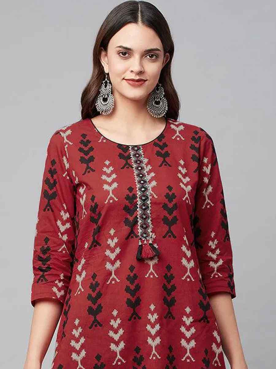 Maroon Cotton Printed Festival Casual Kurti