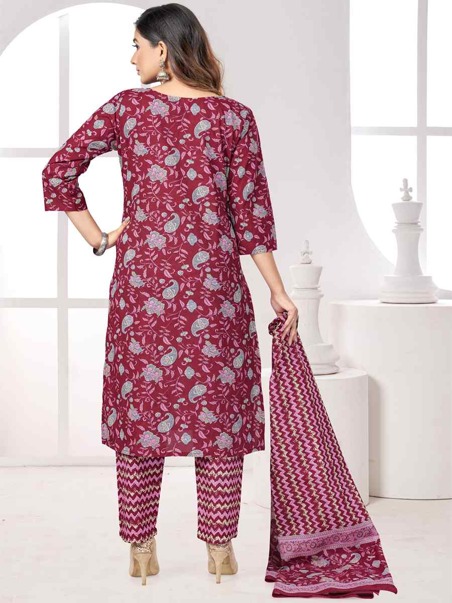 Maroon Cotton Printed Festival Casual Pant Salwar Kameez