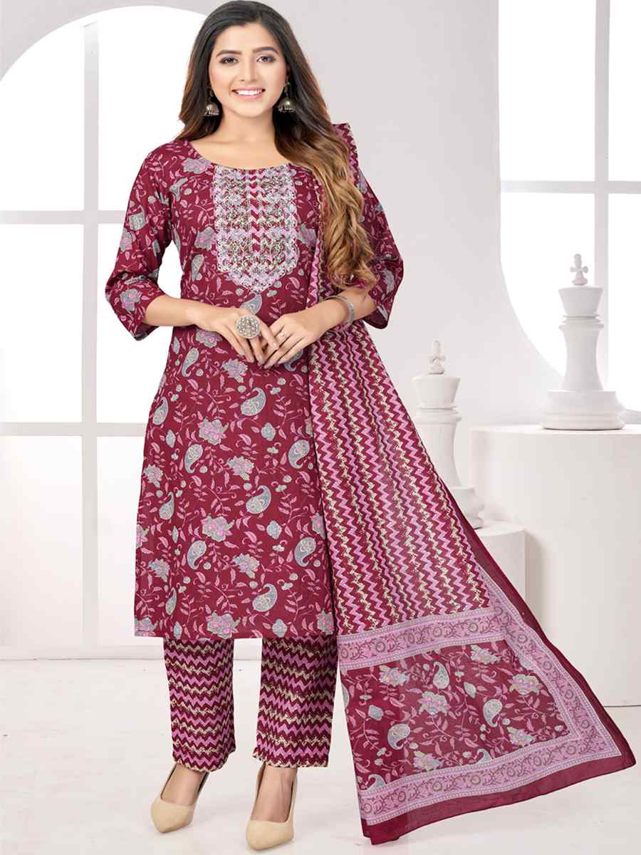 Maroon Cotton Printed Festival Casual Pant Salwar Kameez