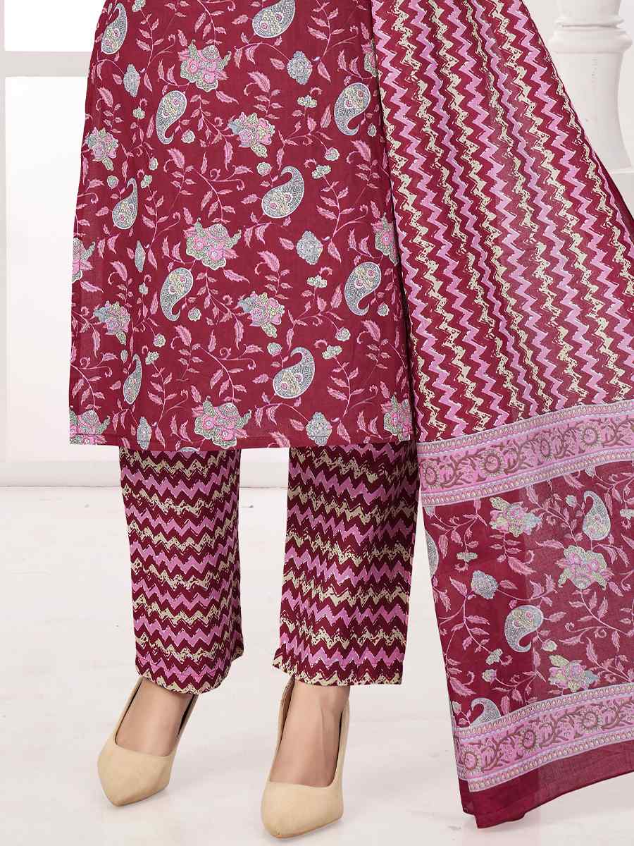 Maroon Cotton Printed Festival Casual Pant Salwar Kameez