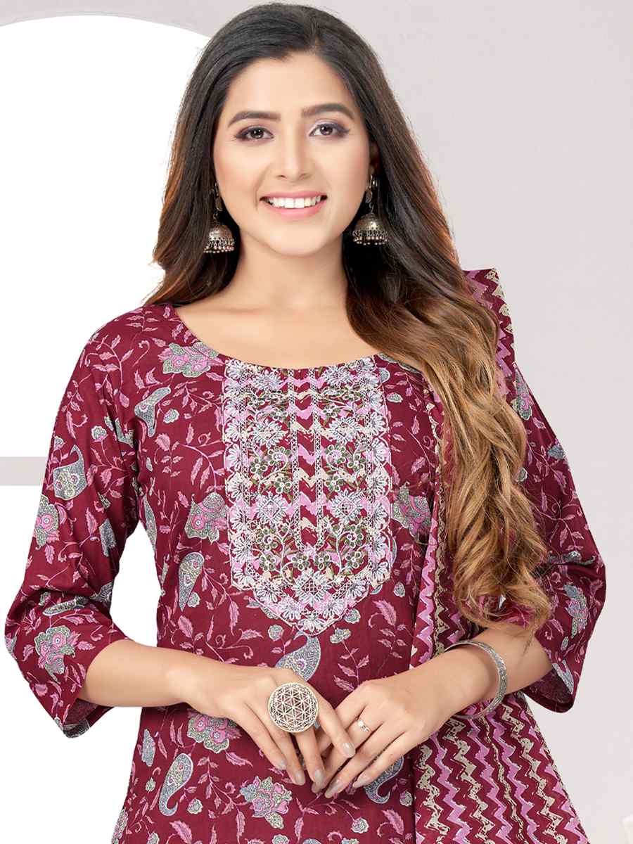 Maroon Cotton Printed Festival Casual Pant Salwar Kameez