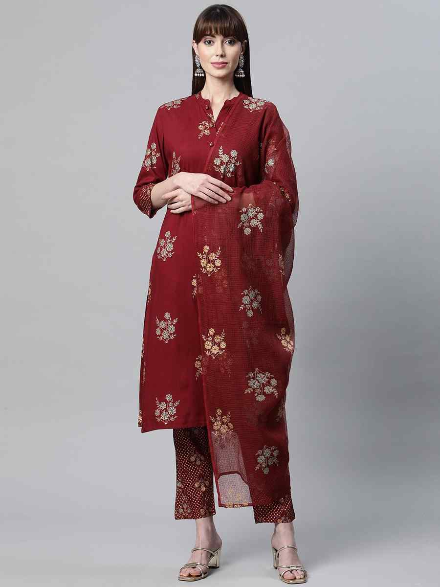 Maroon Cotton Printed Festival Casual Ready Pant Salwar Kameez