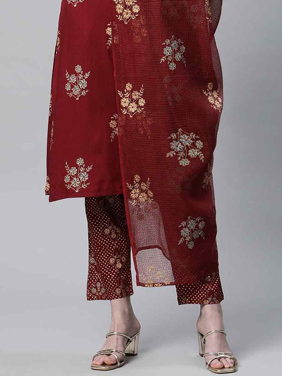 Maroon Cotton Printed Festival Casual Ready Pant Salwar Kameez