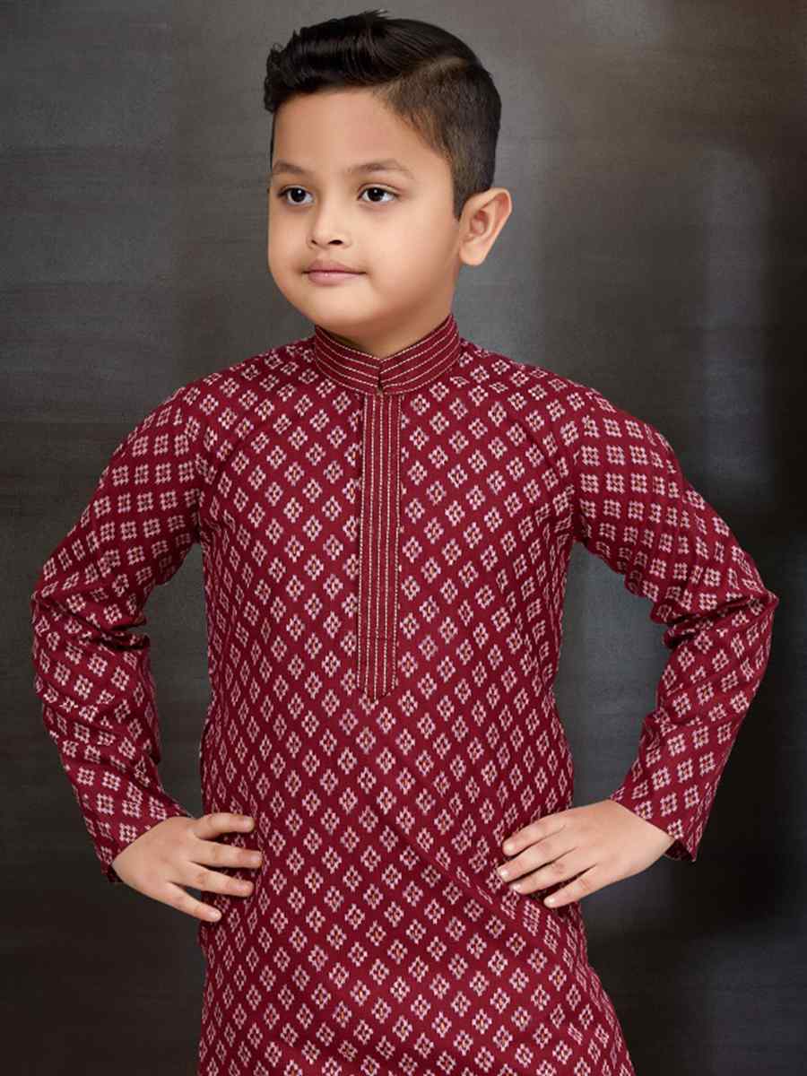 Maroon Cotton Printed Festival Traditional Kurta Pyjama Boys Wear